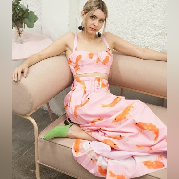 Rachel Antonoff Pink prawn Shrimp Two Piece Set Midi Skirt and Bustier Top NEW - Picture 1 of 3